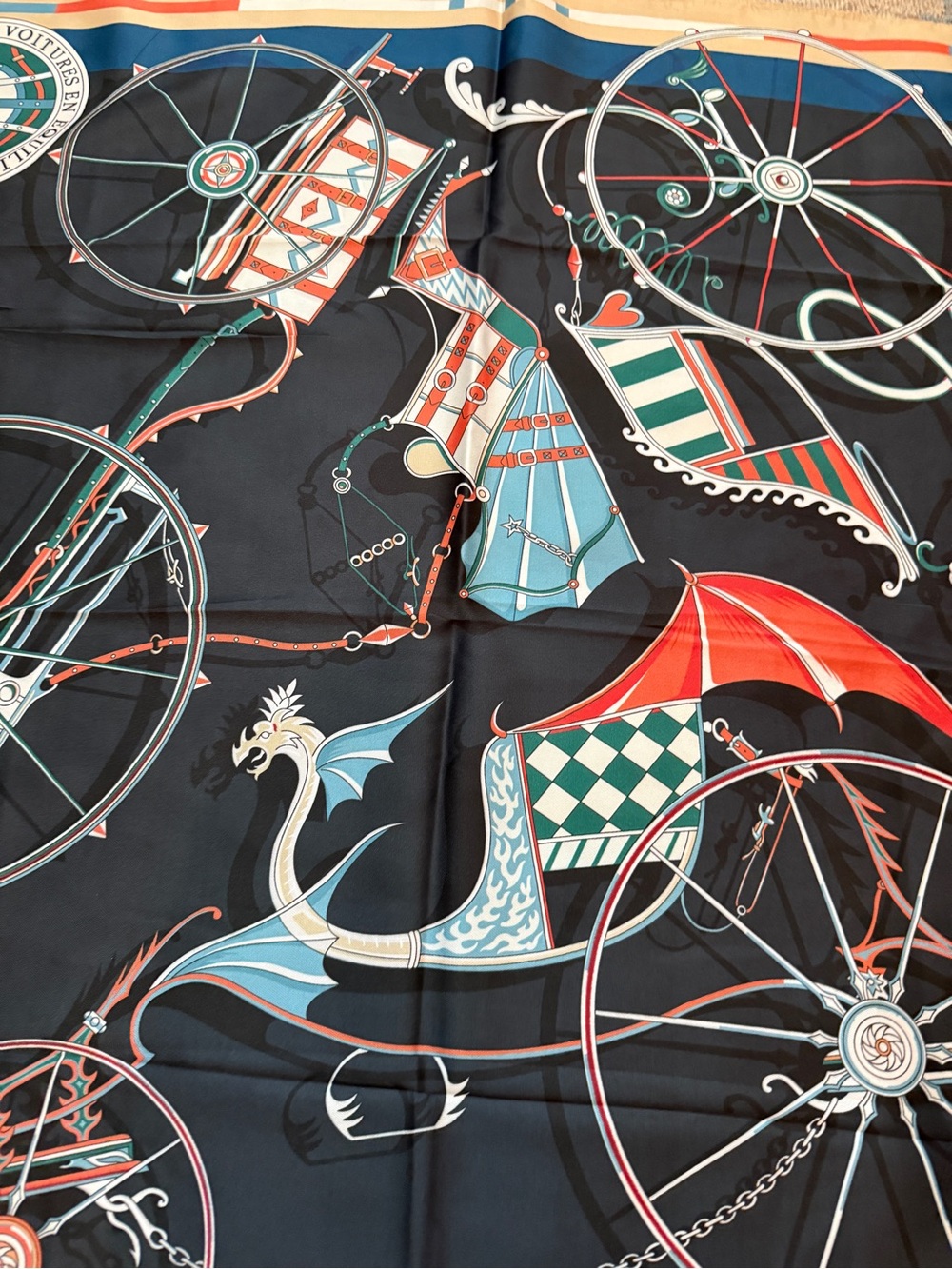 100% Silk 90cm Scarf with Carriage Wheel Motif - Navy, Beige, Red - Picture 2 of 9